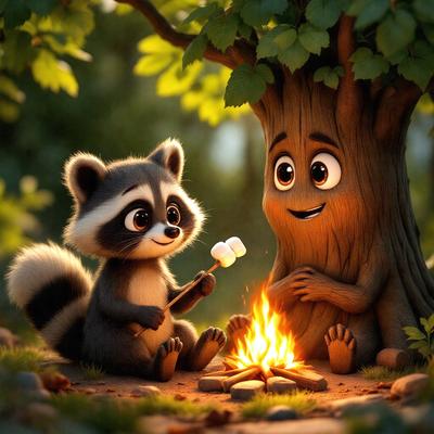 The primary subject of the image is a cartoon-like scene featuring two anthropomorphic animals, a raccoon and a tree, sitting together in a forest. The setting is a campfire, with the raccoon holding a marshmallow, and the tree appears to be smiling. The visual style is a digital art or illustration, creating a whimsical and imaginative atmosphere. The colors are predominantly warm and earthy tones, such as browns, greens, and oranges, which contribute to